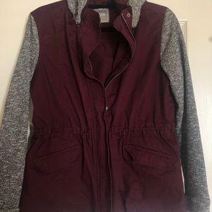 Wine Red and Charcoal Heather Gray Fitted Utility Jacket, size large